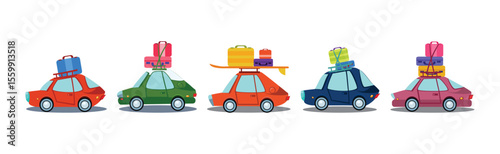 Car and Auto Driving with Travel Bag and Trunk as Holiday Trip Vector Set