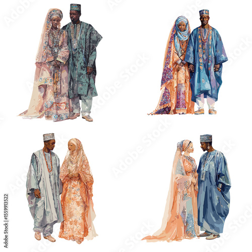 Stylish African Muslim couples in traditional wedding attire with hijab and robe, illustrated in warm watercolor tones to reflect cultural unity and elegance.

