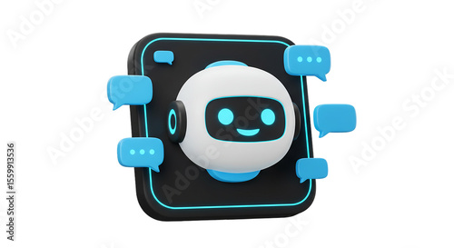 3D chatbot robot icon with speech bubbles on black square background – artificial intelligence assistant for customer service, messaging or automation – cute futuristic bot with communication UI