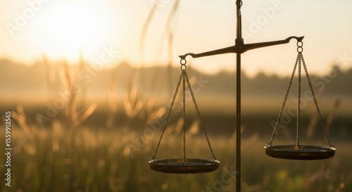 Close-up of scales of justice in a tranquil meadow during a beautiful sunrise, with golden light and soft focus. A metaphor for a peaceful and fair resolution.