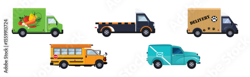 Different Urban Vehicles and City Transport on Road Side View Vector Set