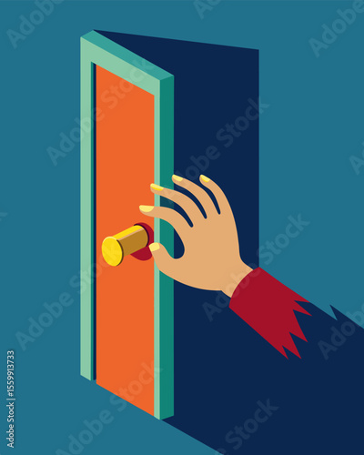 A hand pushing against a transparent door but unable to turn the handle and open it.. Vector illustration