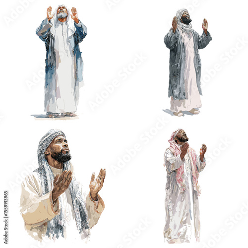 Watercolor illustrations of Muslim men in traditional garments raising hands in prayer, expressing deep spirituality, humility, and devotion.

