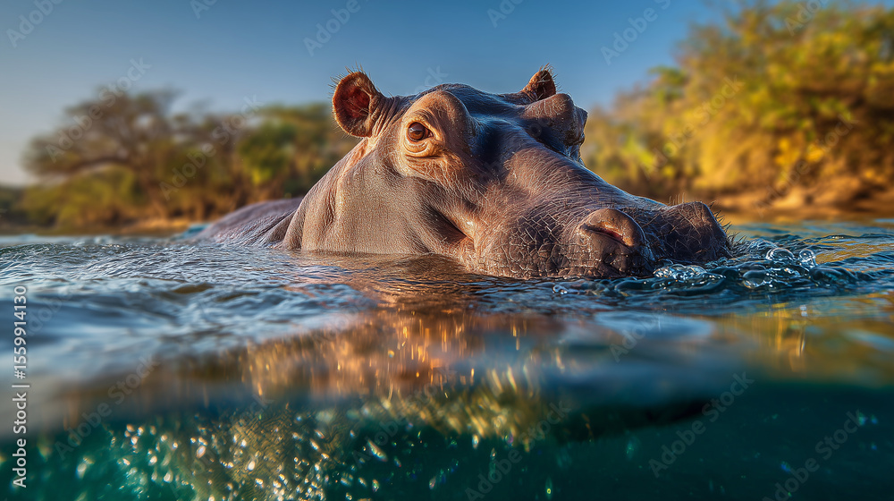 Fototapeta premium 水面から顔を出すカバの迫力ある表情と姿 | 自然光