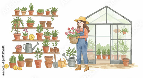 A gardener tending to potted plants in a greenhouse, surrounded by an array of greenery.