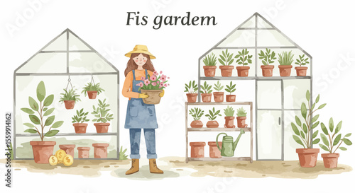 A charming illustration of a woman tending her greenhouse garden filled with plants.