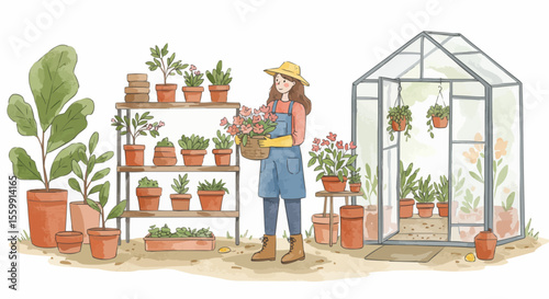 Woman gardener in a greenhouse with her flower basket
