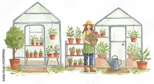 A vibrant illustration of a gardener tending to plants in a greenhouse.