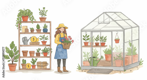A gardener tending to a variety of potted plants in a greenhouse.