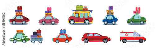 Car and Auto Driving with Travel Bag and Trunk as Holiday Trip Vector Set
