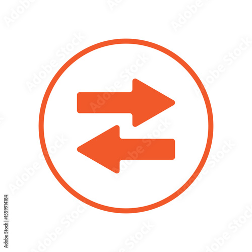 arrow pointing left right in circle orange for icon flat isolated on white, circle with arrow for button interface app, clip art arrow sign, arrow simple symbol for direction