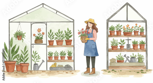 A gardener tending to her plants inside the greenhouse, surrounded by greenery and nature.