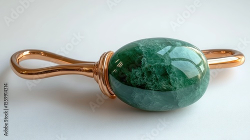 Polished green gemstone with copper wire accents