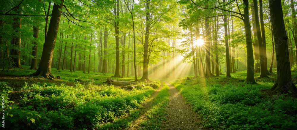 Fototapeta premium Sun rays in green summer forest, lush woodland path, beautiful nature, bright landscape, peaceful scene for wellness, outdoor adventure, eco environment, inspirational design