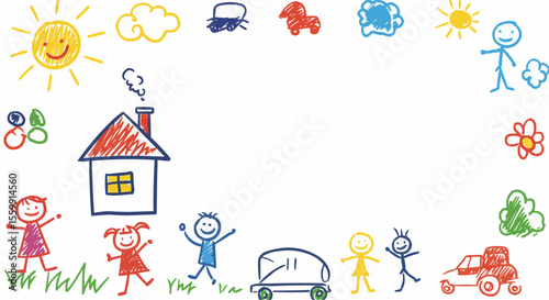 Happy children's drawing with house and toys.