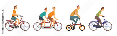 Man Character Riding Bicycle Enjoy Sport Vector Set
