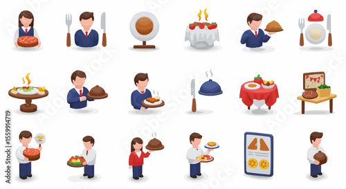 Restaurant service illustration icons in various scenarios.