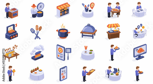 Isometric icons showcasing various restaurant, food and service activities