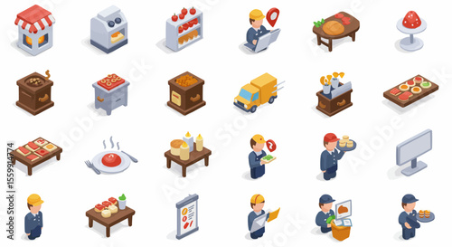 A collection of illustrated icons, showcasing various elements related to the food and culinary industry. 