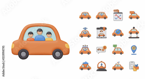 Collection of Orange Car Icons Representing Travel and Transportation