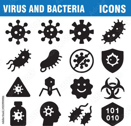 black and white icons Silhouette Virus and Bacteria Icon Grid  Microbial Pathogen Symbol Set