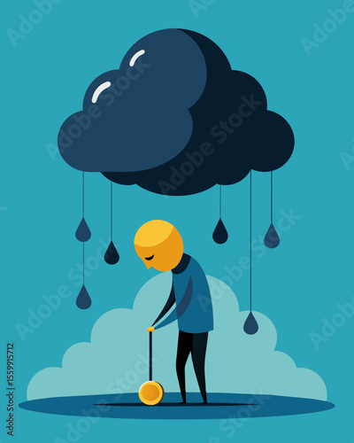 A heavy oppressive cloud looming above a persons head following them wherever they go weighing them down with negativity and pessimism.. Vector illustration