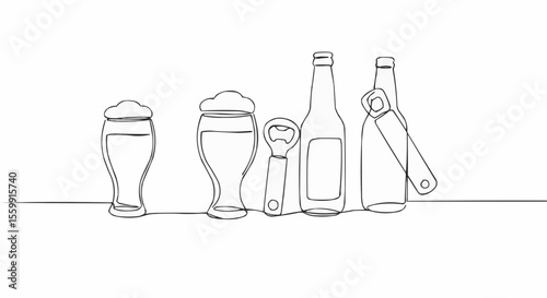 Continuous line drawing of beer bottles, glasses, and opener.