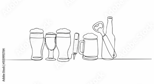 Artistic illustration of a collection of various beer glasses and a bottle opener, conveying a sense of elegance and minimalism.