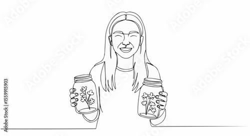 A woman holding two jars with plants. A visual representation of nurturing life, demonstrating her passion for plants.