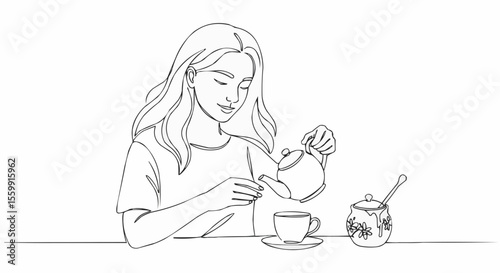 A woman pours tea into a cup, enjoying a moment of tranquility.
