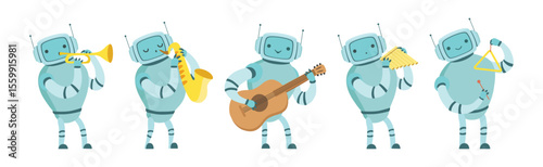 Robot Musician Character Playing Musical Instrument Vector Set