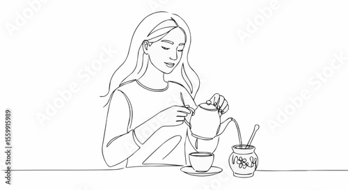 A girl in a sketch is pouring tea.