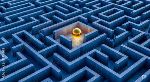 Golden sphere glowing in center of complex blue maze labyrinth, concept of finding solution, achieving goal, business strategy and overcoming challenge for success