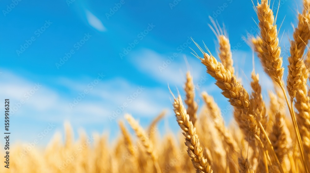Fototapeta premium Golden wheat field under a clear blue sky with wispy clouds in the background
