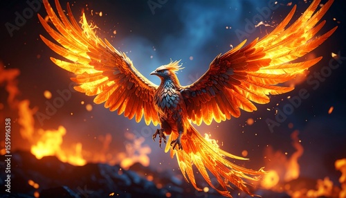 Vibrant firebird flying gracefully against dramatic background of flames and glowing embers