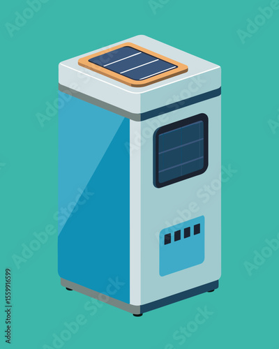 A spacesaving ice maker that can be mounted on a wall and powered by a solar panel perfect for small apartments or dorm rooms.. Vector illustration