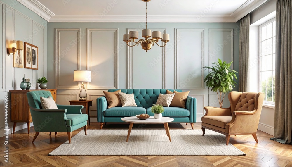 Fototapeta premium Stylish living room with teal blue sofa and two chairs in retro-inspired interior design