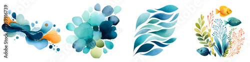 Watercolor Marine Life & Abstract Elements: Set of Ocean-Inspired Design Assets