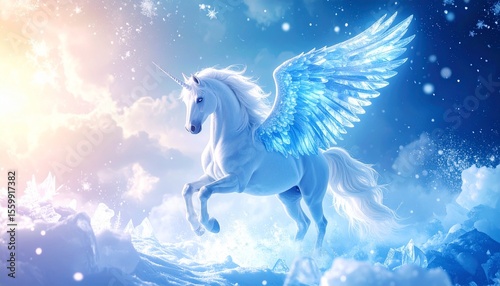 Enchanting winged unicorn flying gracefully through the bright frosty sky above