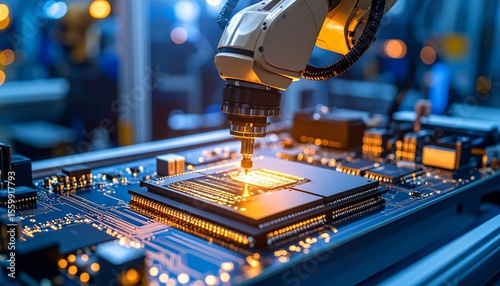 Close-up of a computer chip being tested with a robotic arm assembling components
