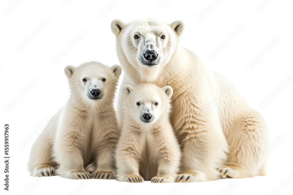 Fototapeta premium Majestic Polar Bear Family Portrait Mother and Cubs in a Loving Pose on Black Background Arctic