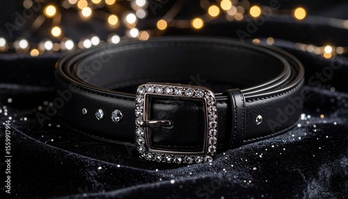 Elegant black belt featuring a sparkling diamond buckle on rich velvet background