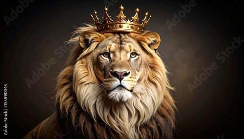 Stunning lion with crown in realism tattoo style displaying tawny and gold shades of majesty