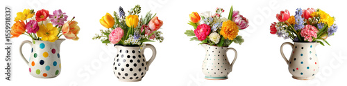 Wallpaper Mural Four bouquets of colorful tulips and spring flowers in polka dot pitchers, isolated on white background, cheerful, spring concept, floral arrangement Torontodigital.ca