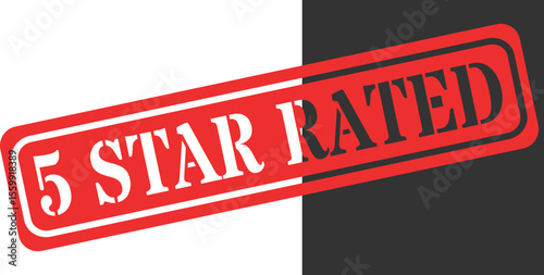 Red stamp declaring five star rated status against split background