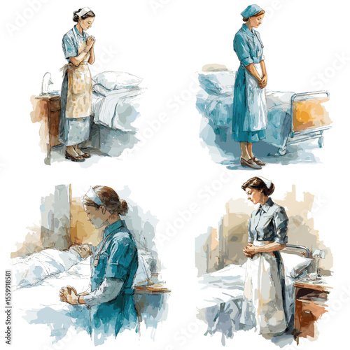 Vintage watercolor nurses in hospital settings, showing moments of care, reflection, and dedication with retro uniforms and a warm, emotional touch.

