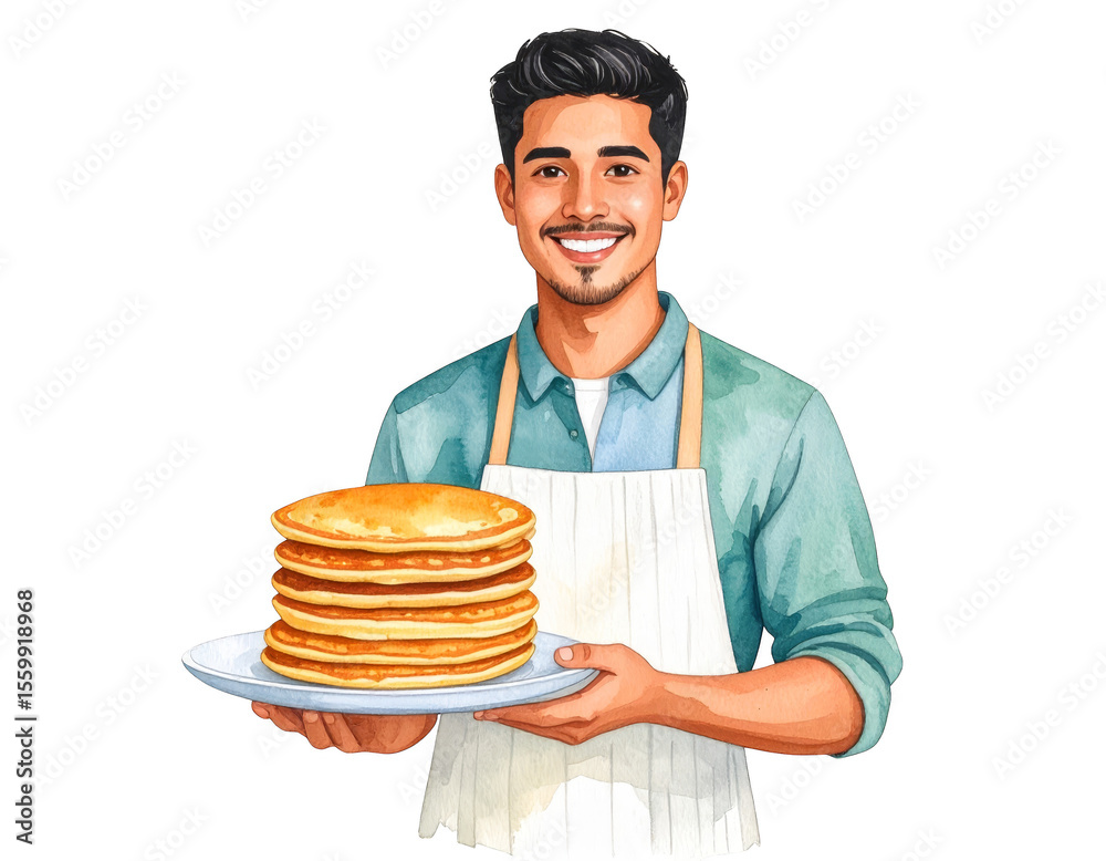 Man holding a stack of delicious golden pancakes, scrumptious breakfast treat fluffy Man holding a stack of delicious golden pancakes, scrumptious breakfast treat fluffy