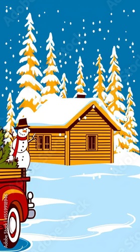 Cartoon red pickup truck carrying Christmas tree near snowy log cabin with snowman and pine trees in background. Winter scene. Concept of holidays, Christmas, cozy season