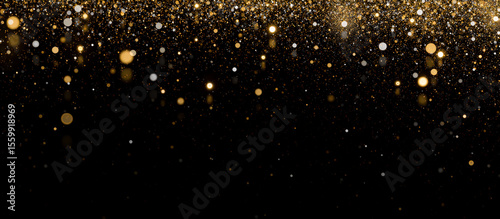Golden glitter overlay on black background with glowing particles, shimmering bokeh, light sparkles, festive decoration, dust effect, luxury design, celebration atmosphere.