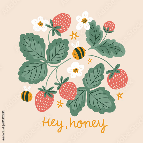 Bee and strawberry vector illustration with lettering -Hey honey. Cute hand drawn summer print design for kidswear. Summer illustration. Floral sweet bees print.